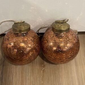 Kugel Style Crackle Glass Ornaments 2.5” Champagne / Rose Gold Color Set Of 2